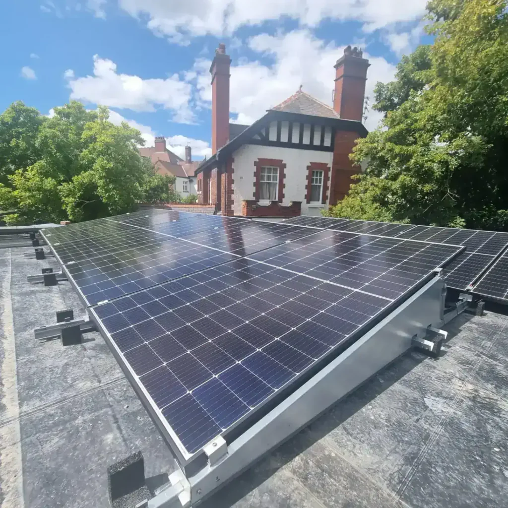 Solar panels installed on Victorian brick building roof